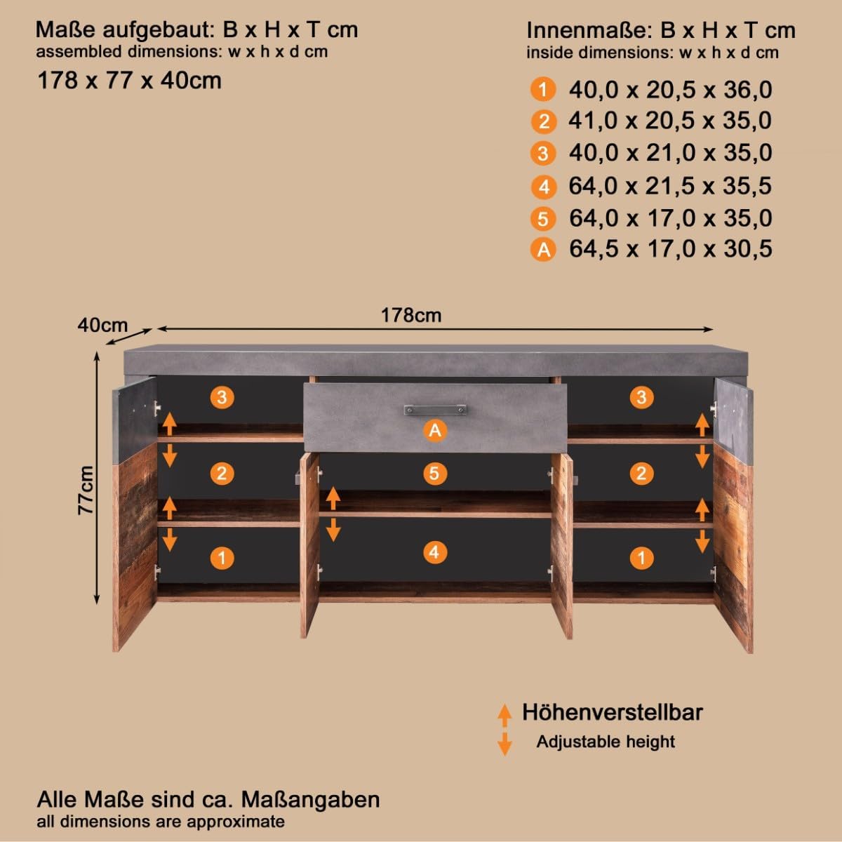trendteam smart living - Indy - Kommode - Eiche/Grau - Sideboard mit 4 Türen, 1 Schublade und 5 Einlegeböden - (BxHxT) 178 x 76 x 40 cm - antikfarbene Griffe