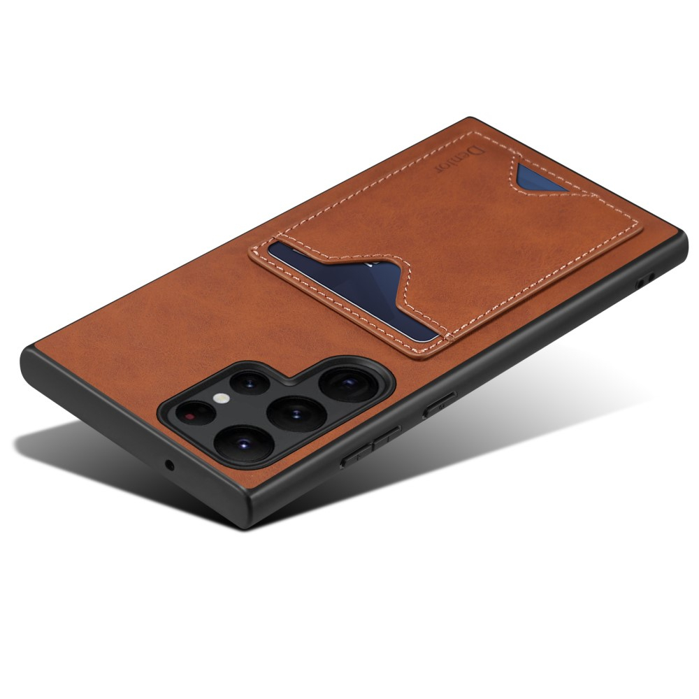 Samsung Galaxy S24 Ultra Hybrid Leder Hülle mit Magnetischem Kartenfach   Kickstand Aufsteller - Braun