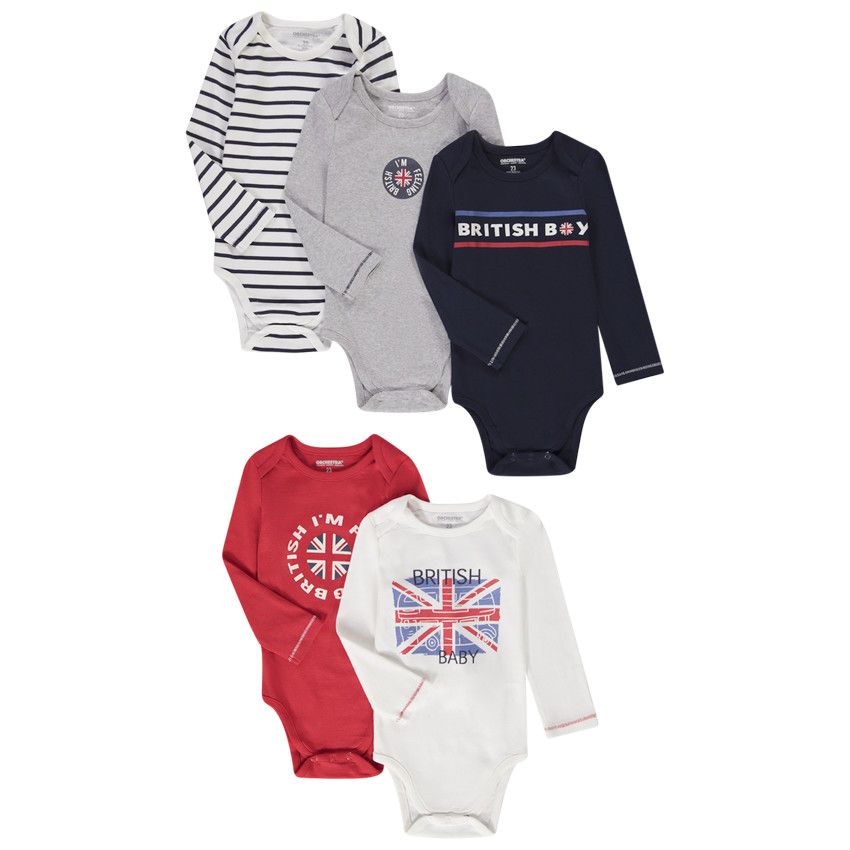 Lot de 5 bodies manches longues motifs British pour bébé garçon - Ecru