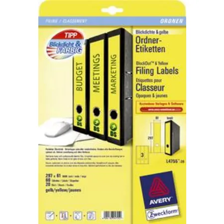 Avery Zweckform L4755-20 Ordnerrücken Etiketten A4, mit ultragrip, 61 x 297 mm, breit/lang, 20 Bogen/60 Etiketten, gelb