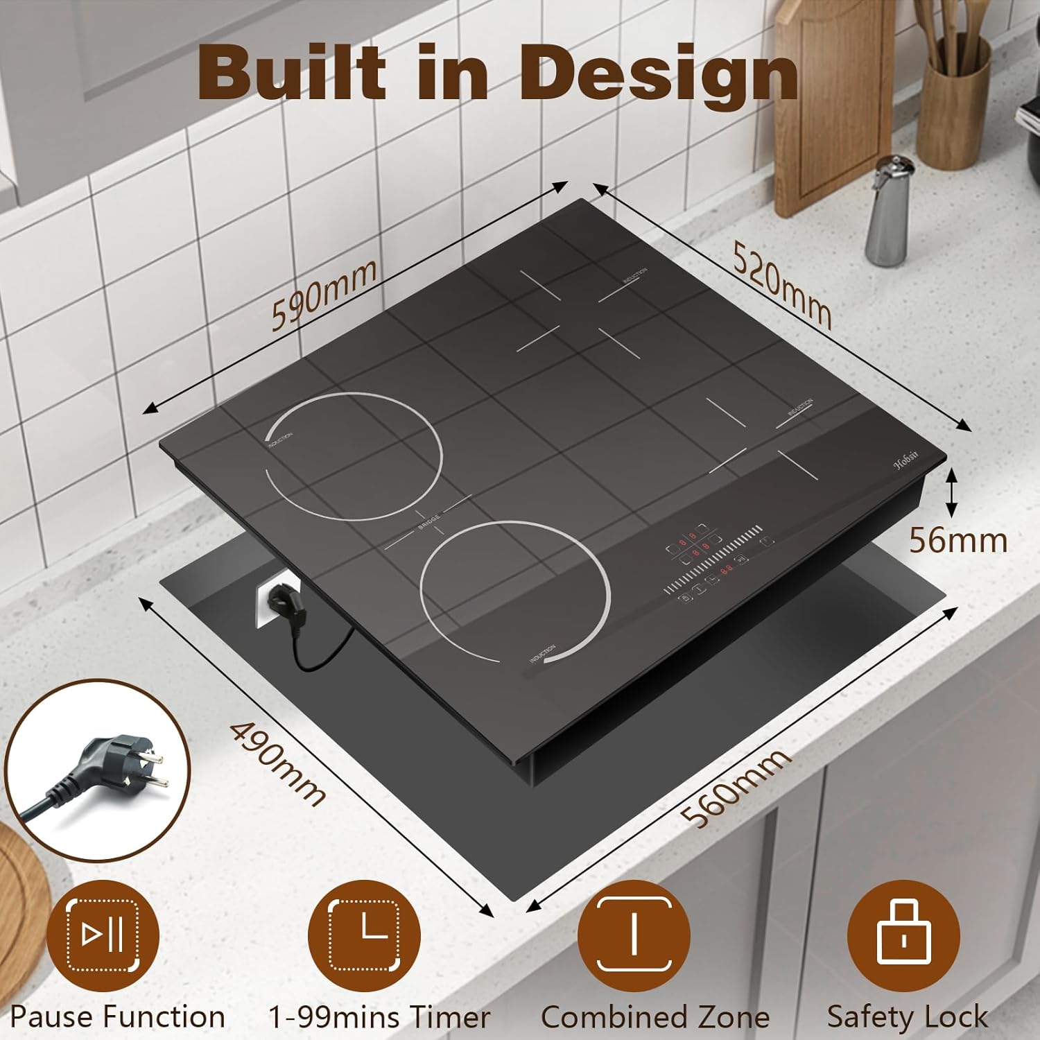 Hobsir Induktionskochfeld mit Stecker, Kochfeld 4 Platten, 60cm Induktionskochfeld, 3500W, Einbau kochfeld mit Flexzone, Kindersicherung, Schieberegler Touch Control
