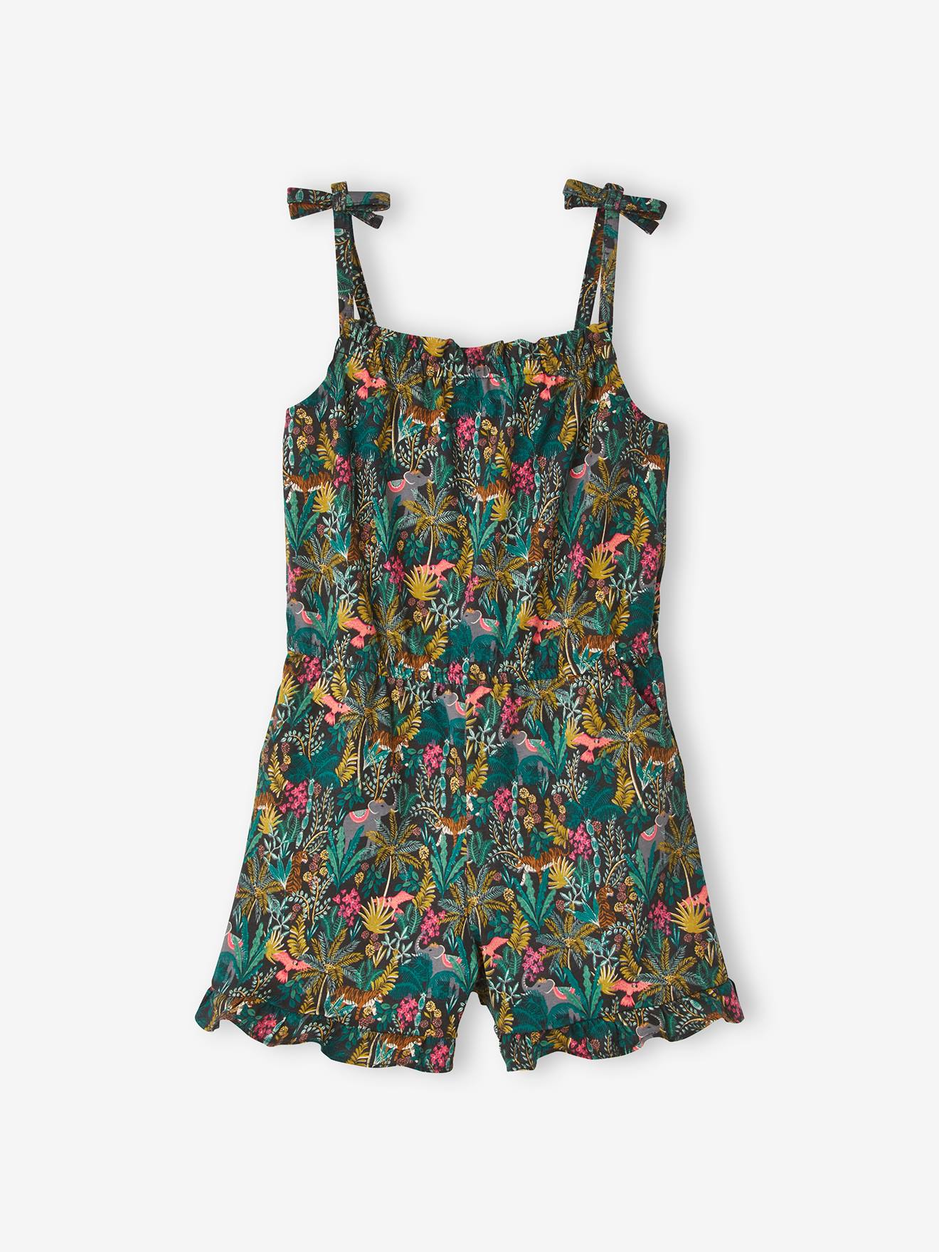 Macacão curto com alças e estampa exótica, para meninas, estampa amarelo escuro.