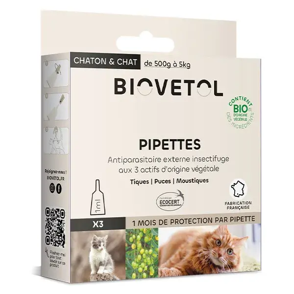 Pipeta antiparasitária Vétobiol para gatos (orgânica) - 3 pipetas