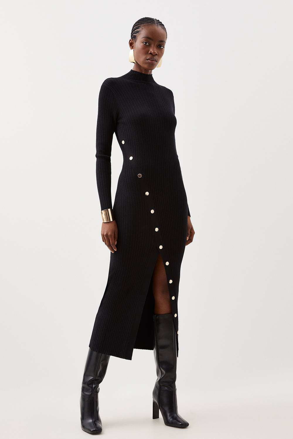 KarenMillen Robe Midi en Maille Mélange Viscose avec Détail de Pressions Fendue