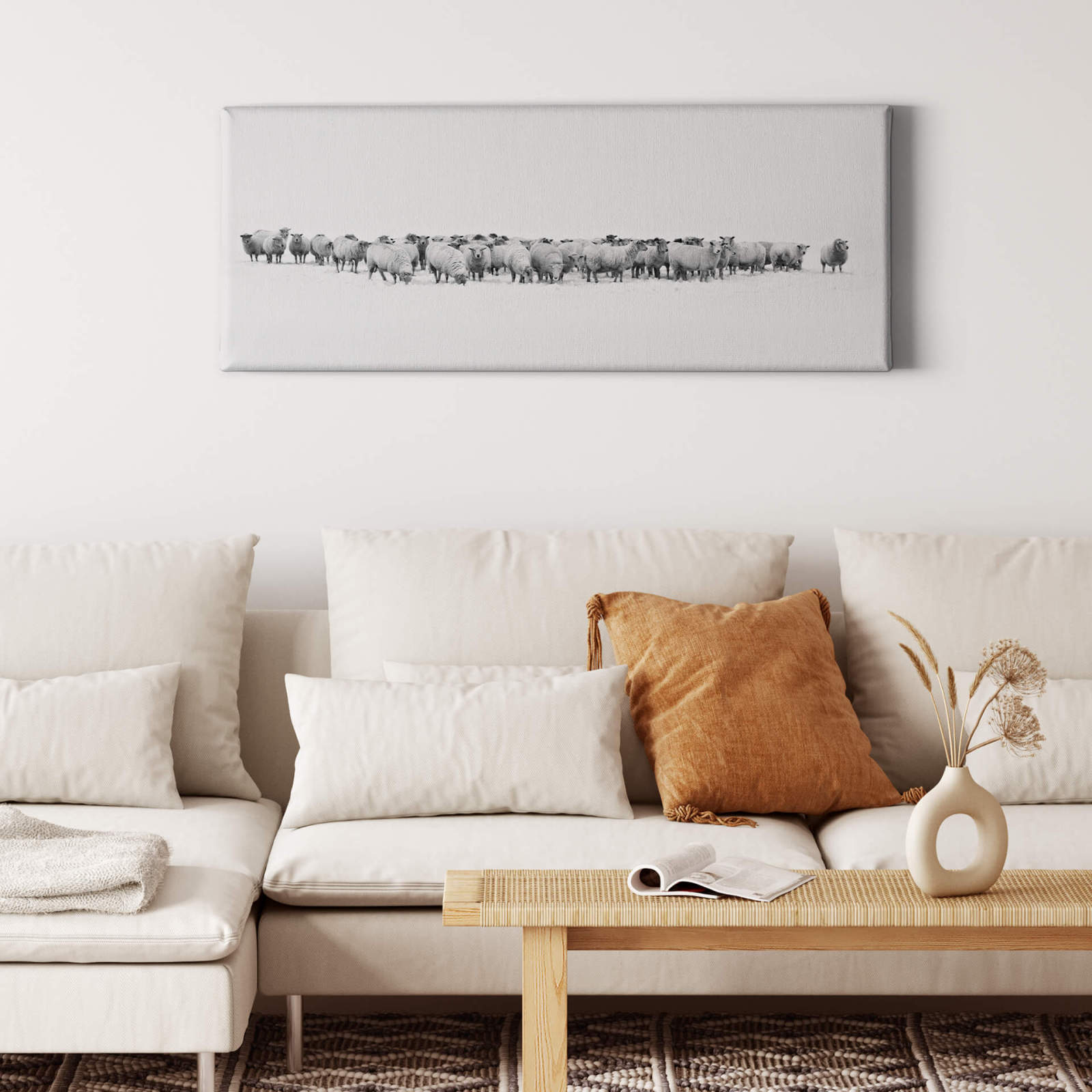 Leinwandbild SCHAFSHERDE - weiß-schwarz - 100x40 cm