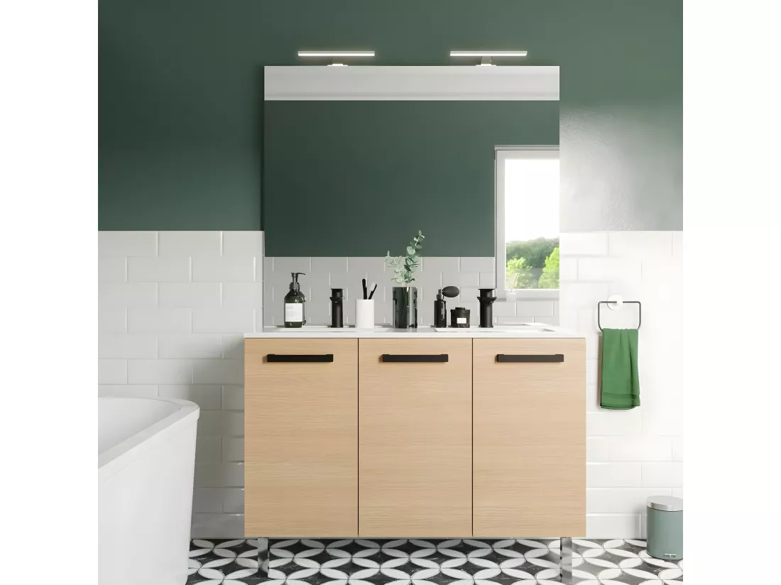 Meuble de salle de bain suspendu avec pieds double vasque intégrée 120cm 3 portes Chêne clair - Chelsea