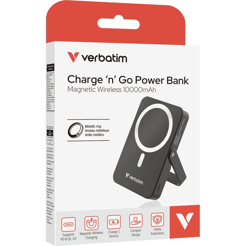 Verbatim Charge 'n' Go Magnetic Wireless Lithium Polymère (LiPo) 10000 mAh Recharge sans fil Noir