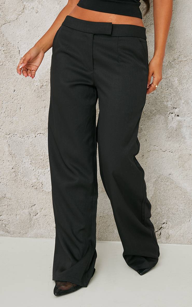 Noir Pantalon Large Taille Basse En Tissu Tissé Premium Petite