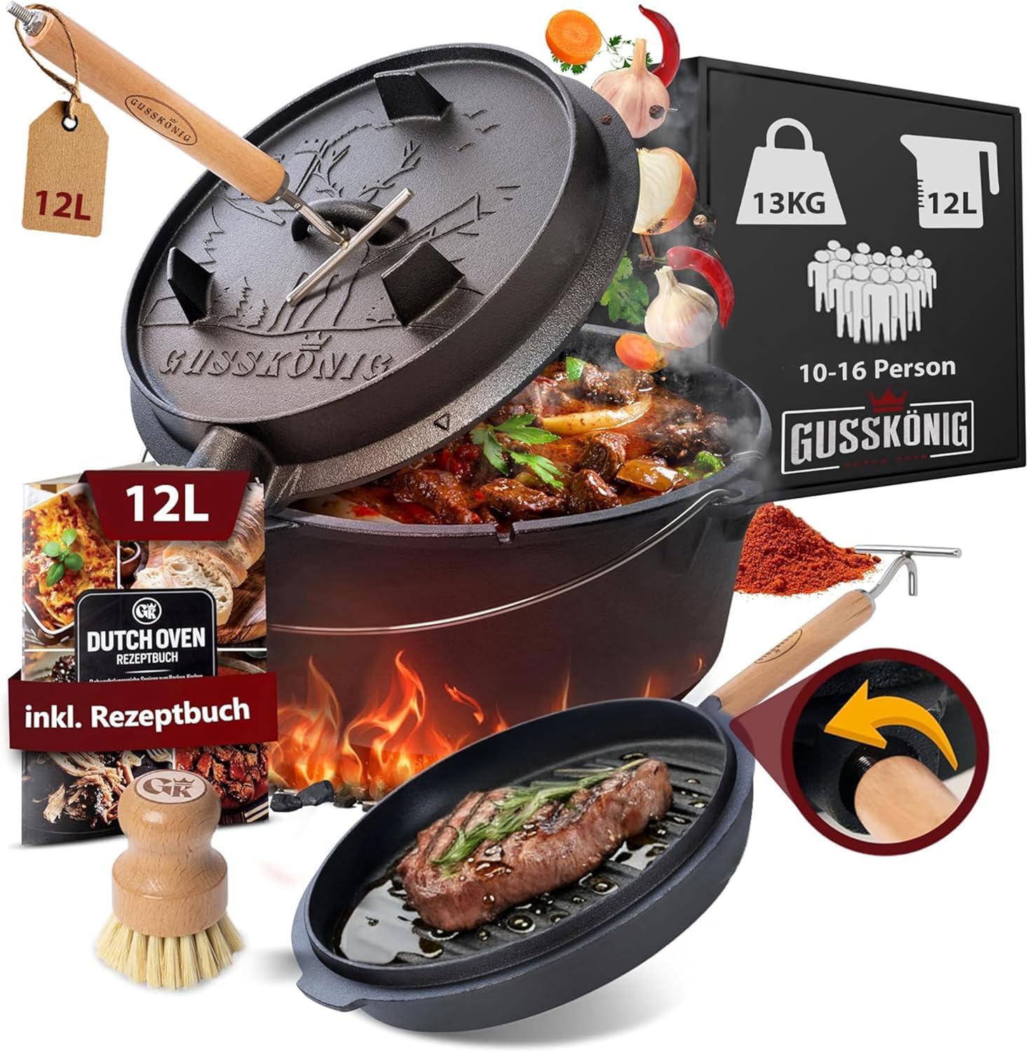 Dutch Oven Set - Eingebrannter Dutch Oven 12 Liter [10-16 Person]-Feuertopf Gusseisen mit Füßen-Schmortopf Doppelfunktion-2in1 Deckelheber, Bürste & DutchOven Rezeptbuch-30 Jahre Garantie