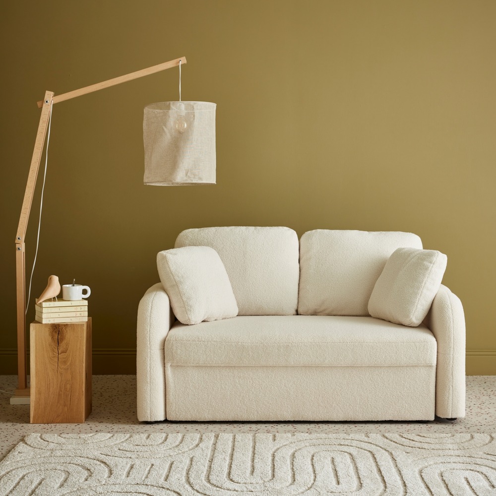 Canapé 2 places cosy rond. Tissu bouclettes blanches. Milano. L 150 x p 85 x h 85cm