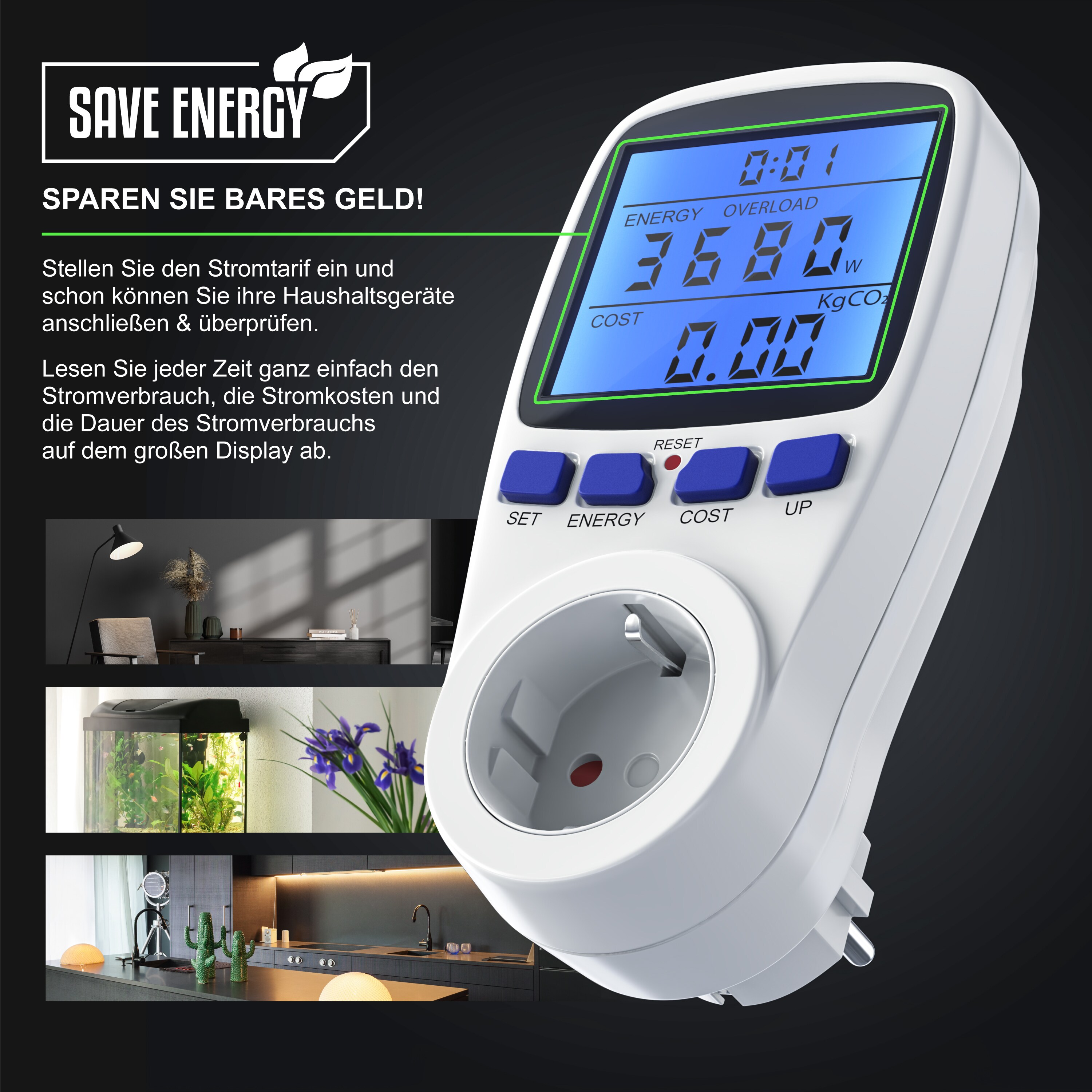 BEARWARE Energiekostenmessgerät - Display mit Hintergrundbeleuchtung - Stromverbrauchszähler - Energiekosten Anzeige - Stromzähler - 3680W