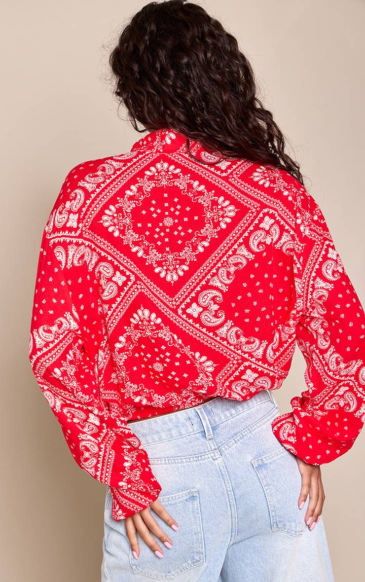 Rouge Chemise À Manches Longues Col Montant Avec Détail Nœud Motif Cachemire