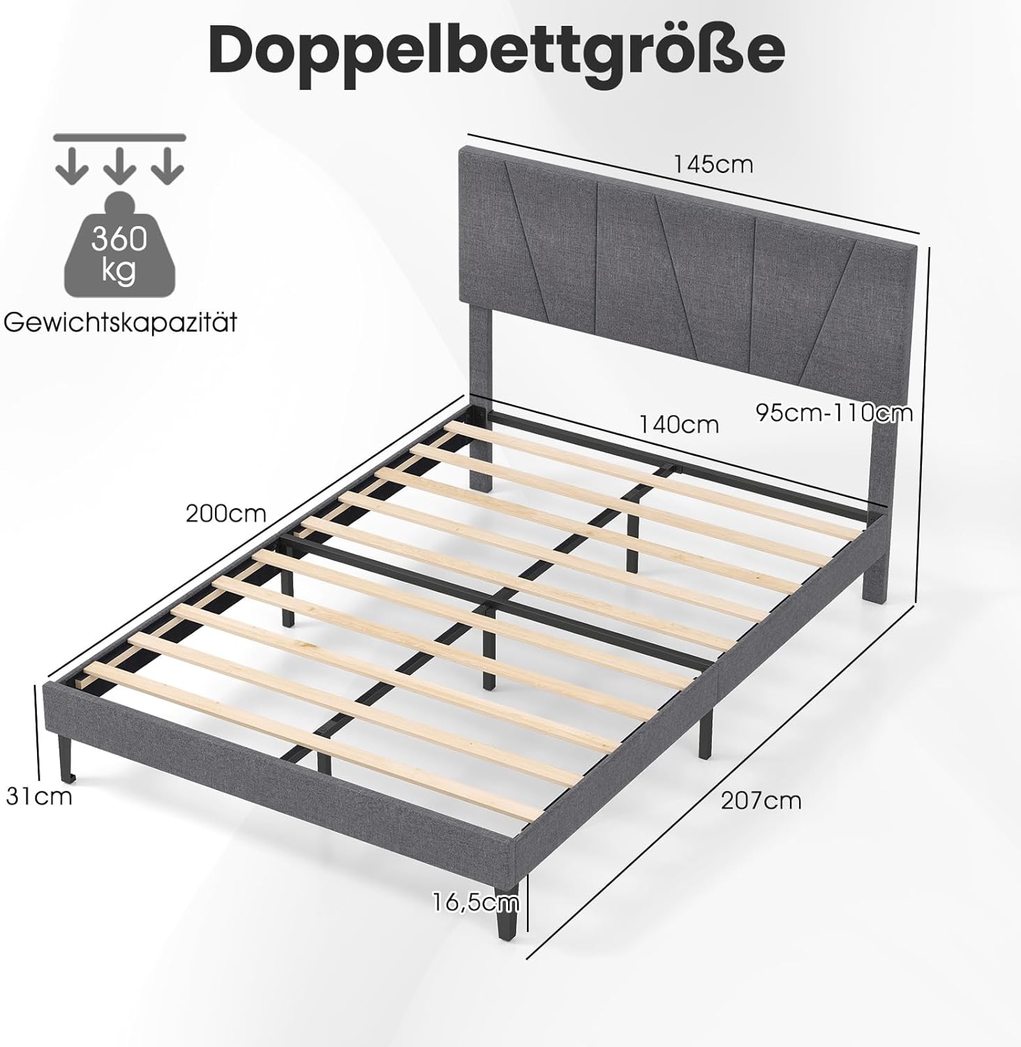 COSTWAY Polsterbett mit Lattenrost, Bettrahmen aus Holz mit höhenverstellbarem Kopfteil in Leinenstoff, Bettgestell ohne Matratze, Grau (140 x 200 cm)