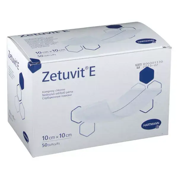 Curativo absorvente americano não estéril Hartmann Zetuvit-E com base hidrofóbica, 10 x 10 cm, 50 unidades.