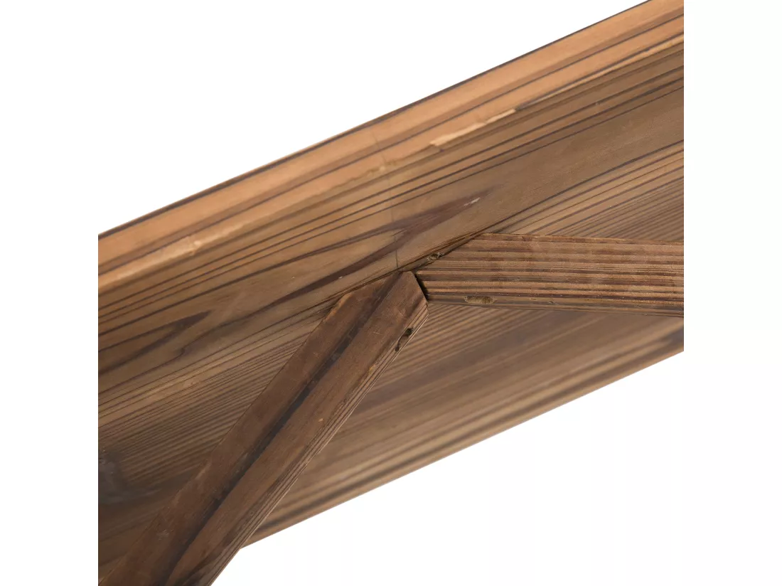 Banc de jardin 3 places style rustique chic accoudoirs roues de charette bois sapin traité carbonisation