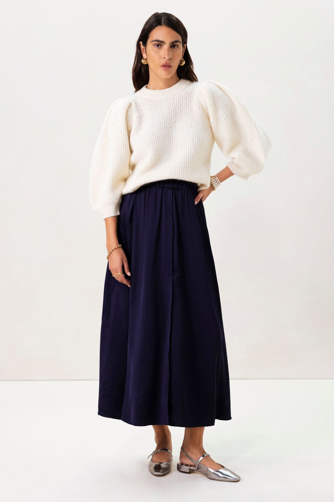 Donkerblauwe satijnen maxi rok