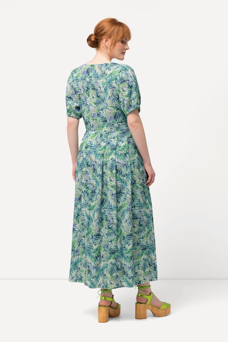 Kleid, Blätter, Leinenmix, Rundhals, Halbarm