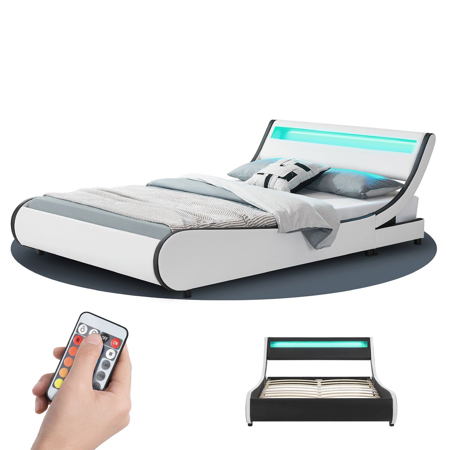 Juskys Polsterbett Valencia 140x200 cm - Bett mit Lattenrost & LED Beleuchtung – Jugendbett weiß