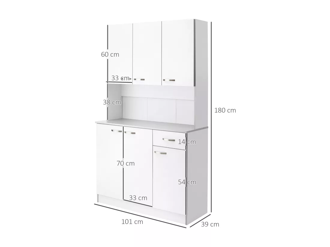 Buffet haut multi-rangement - 6 portes, tiroir, grand plateau - dim. 101L x 39l x 180H cm - panneaux particules blanc gris