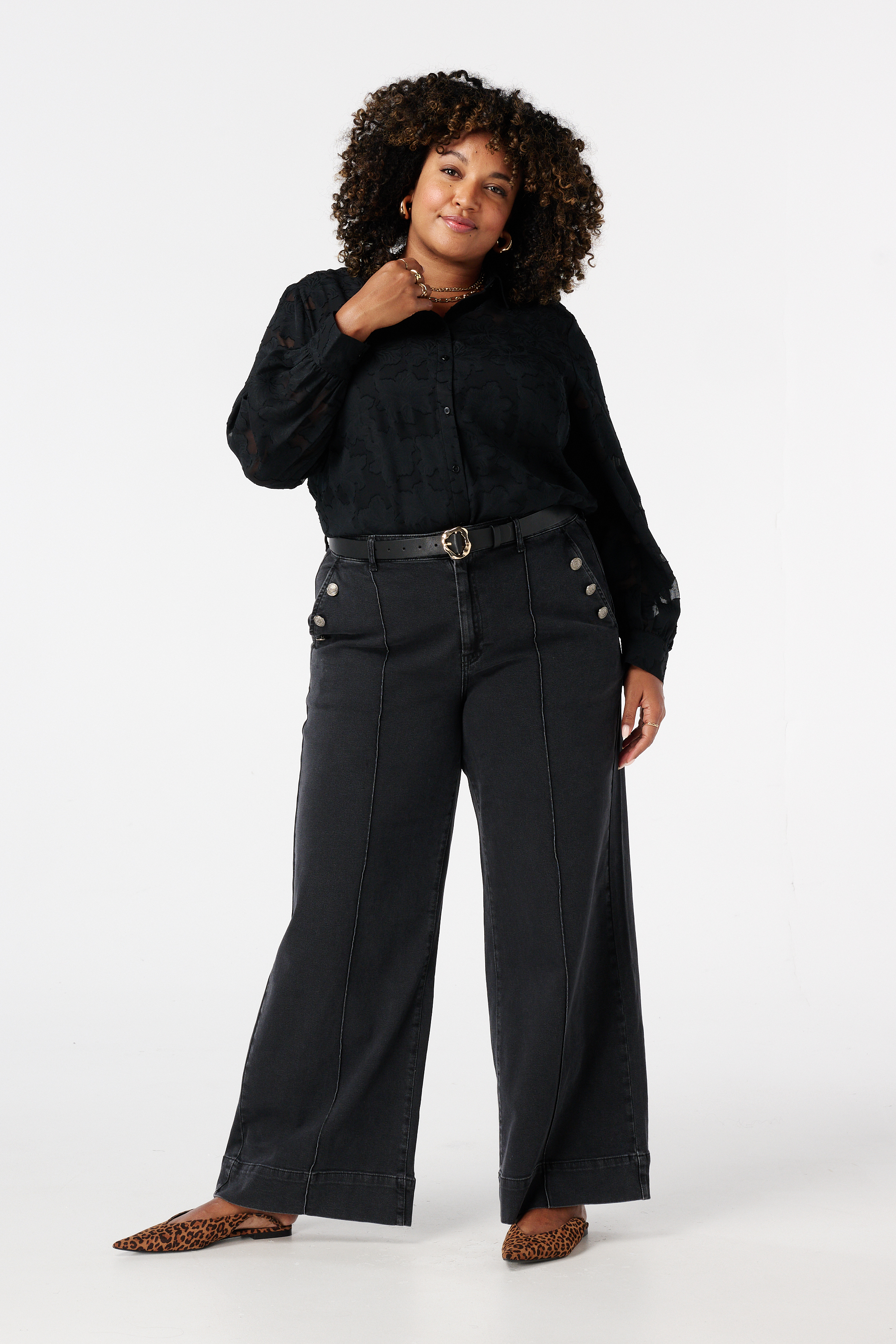 Wide leg jeans met sierknopen Grijs