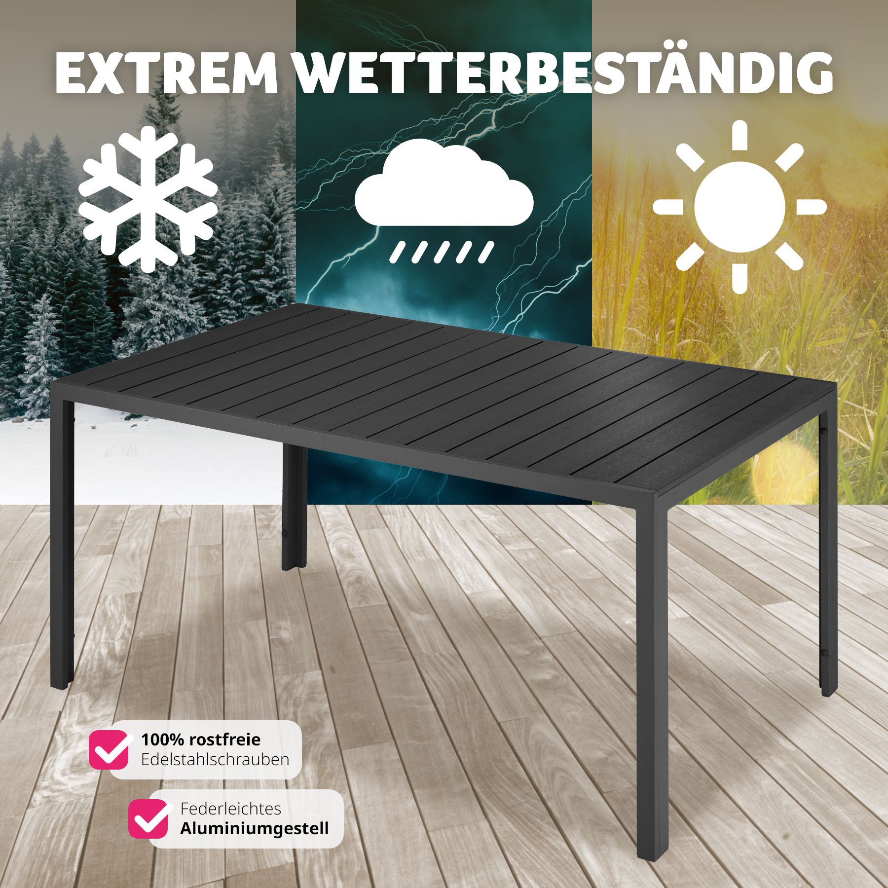 tectake® Gartentisch, aus Aluminium und Kunststoff, wetterfest und UV-beständig, 150 x 90 x 74,5 cm