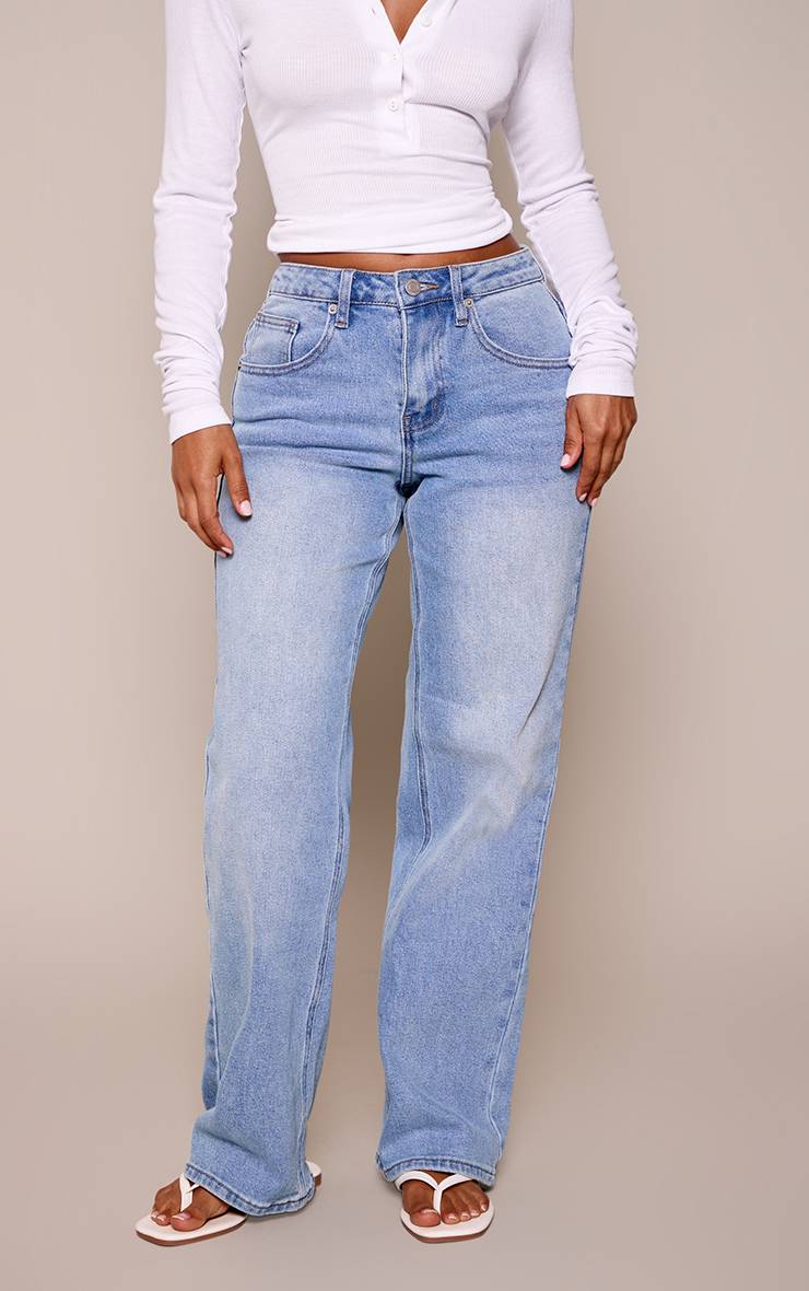 Mid Blue Wash Jean Droit Taille Haute Stretch Bleu Moyen Petite