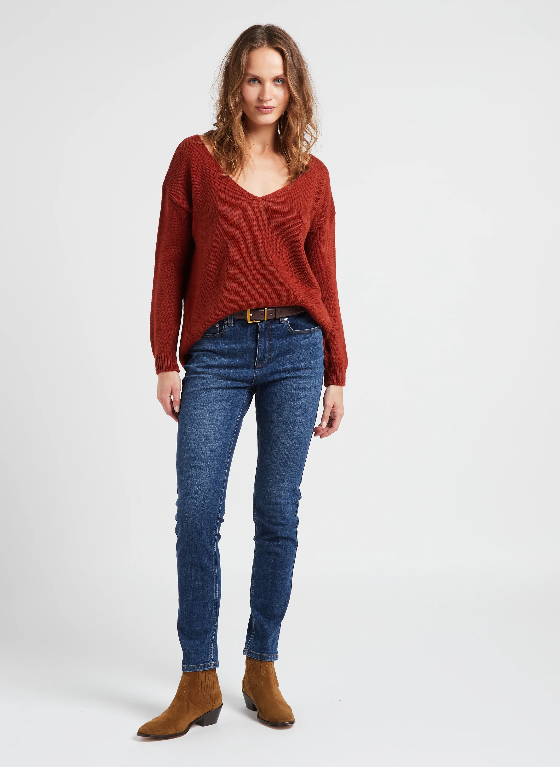Pull col V en maille mélangée| Orange