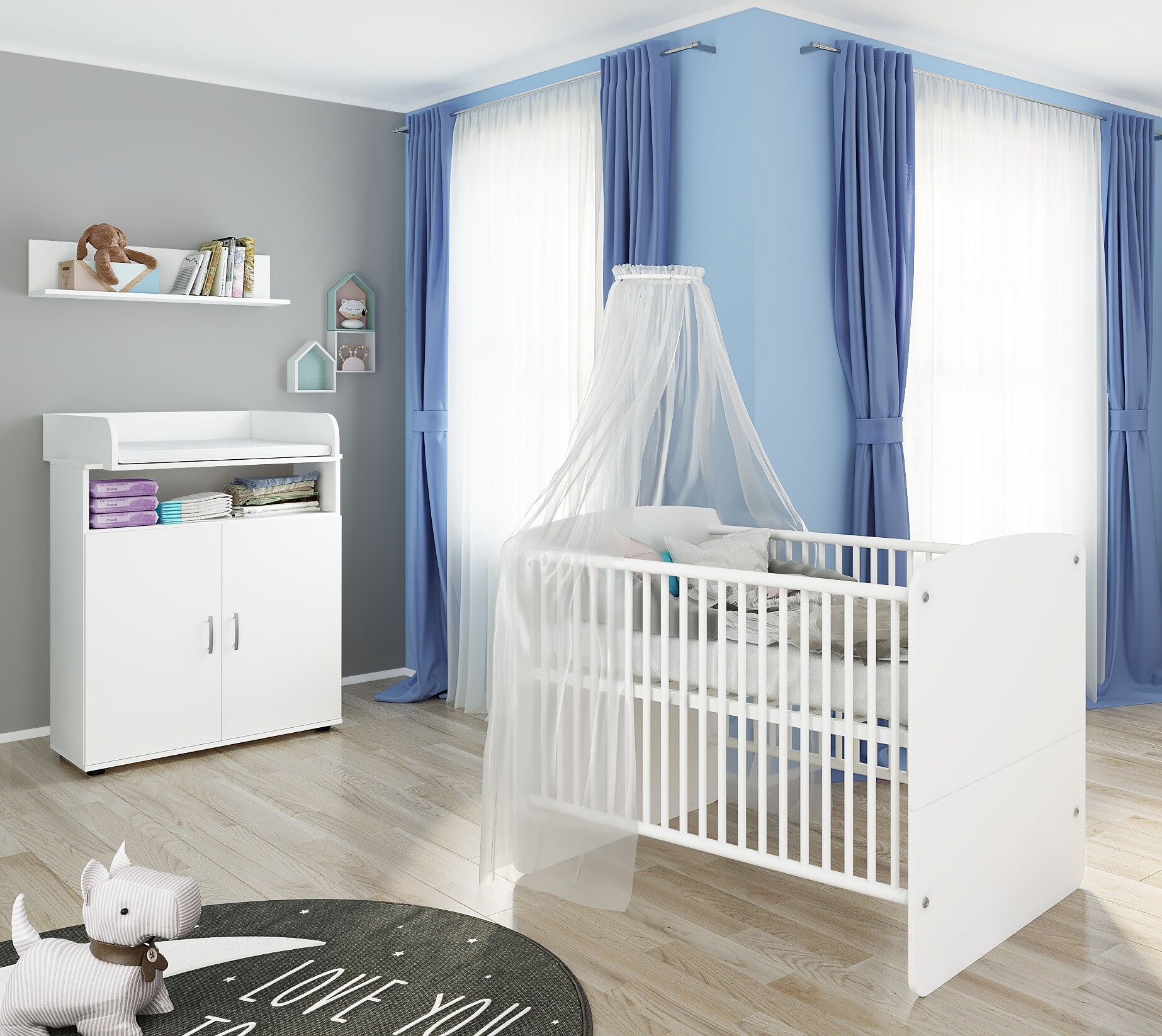 nonjoo. Babyzimmer Lunis Babybett 70 x 140 cm, Liegehöhe verstellbar, 3 Schlupfsprossen