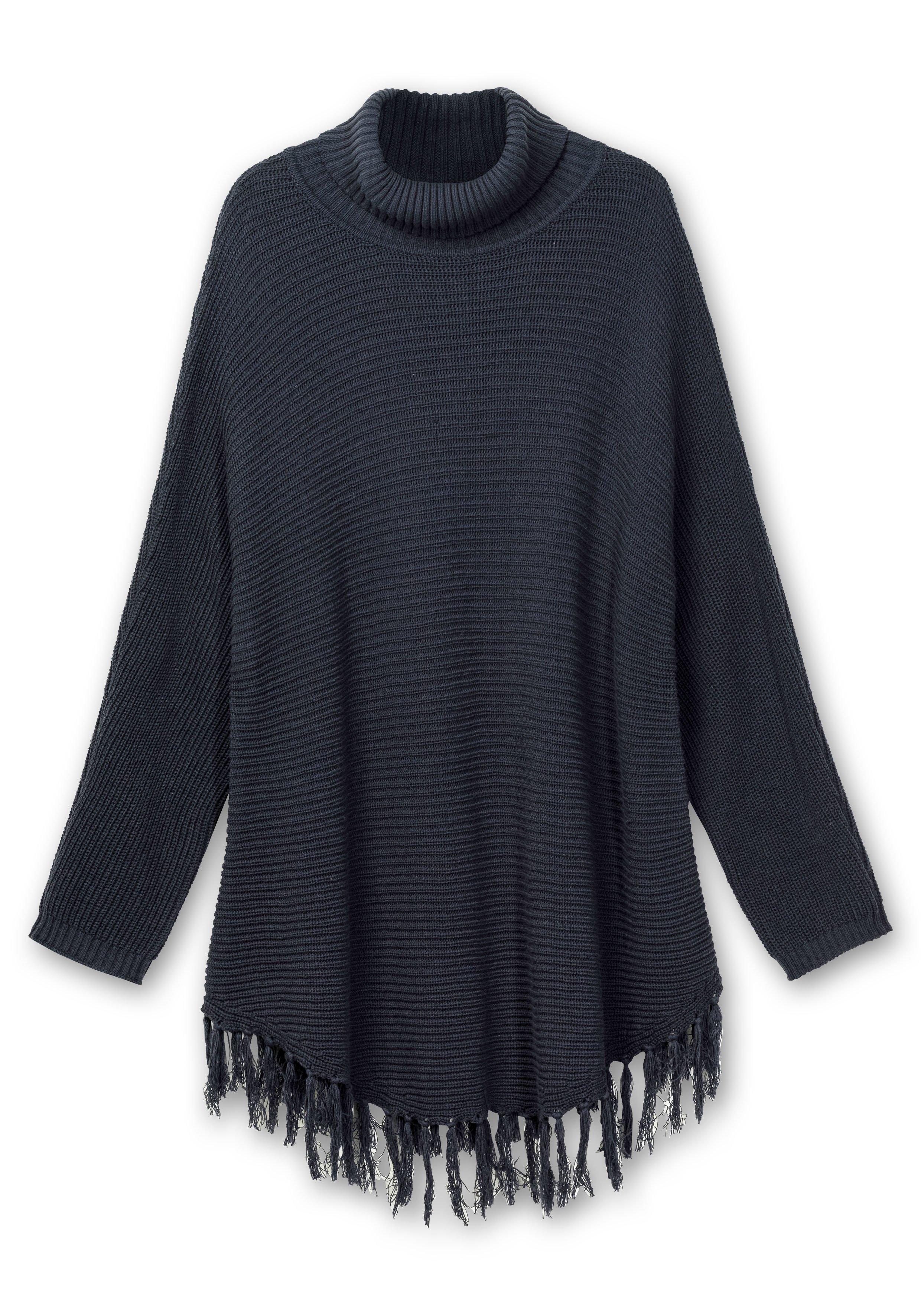 Gerippter Poncho-Pullover mit Fransensaum