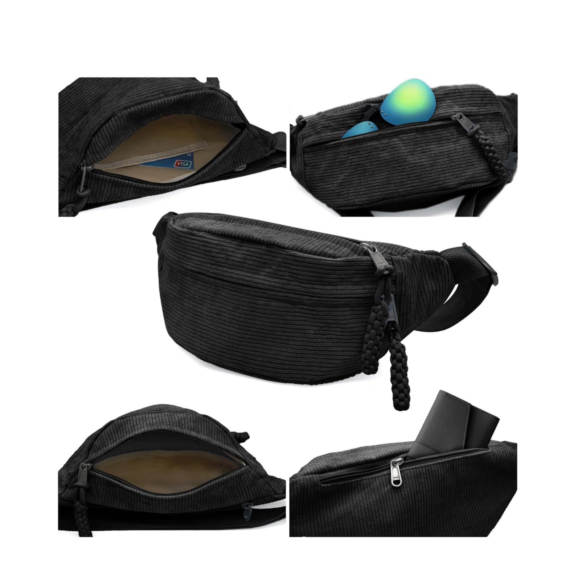 (34x15cm) Kordsamt Unisex Outdoor Bauchtasche Crossbody Bag Retro Schultertasche - Schwarz