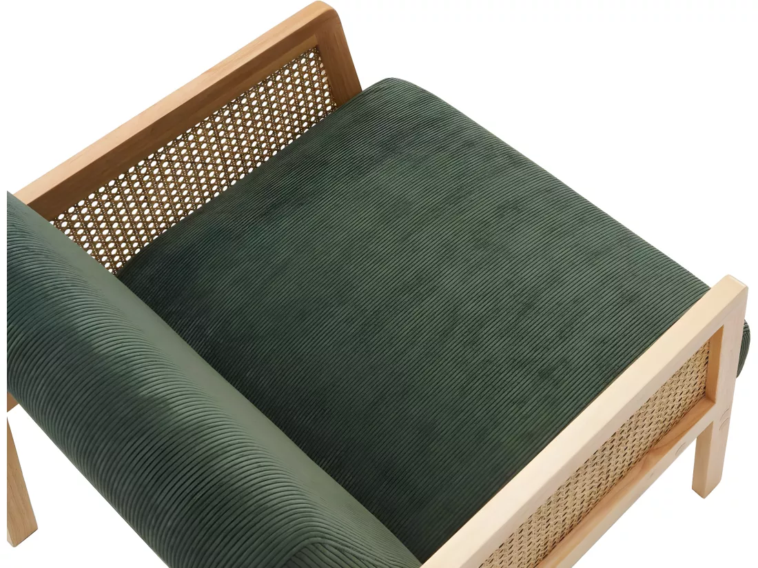 Fauteuil en cannage et velours côtelé vert kaki - Mani