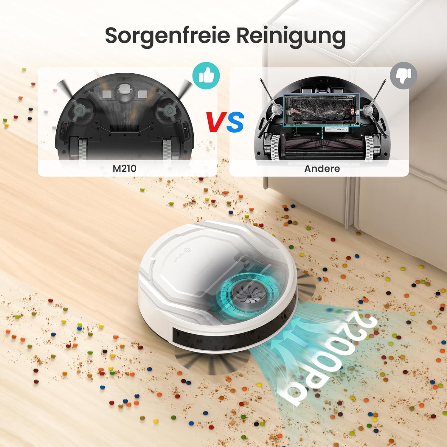 LEFANT M210W Saugroboter ohne Wischfunktion, Staubsauger Roboter mit 2200 Pa Saugkraft, 120 Min.Steuerung per WLAN, Bluetooth, Alexa und App, für Tierhaare und Harte Böden