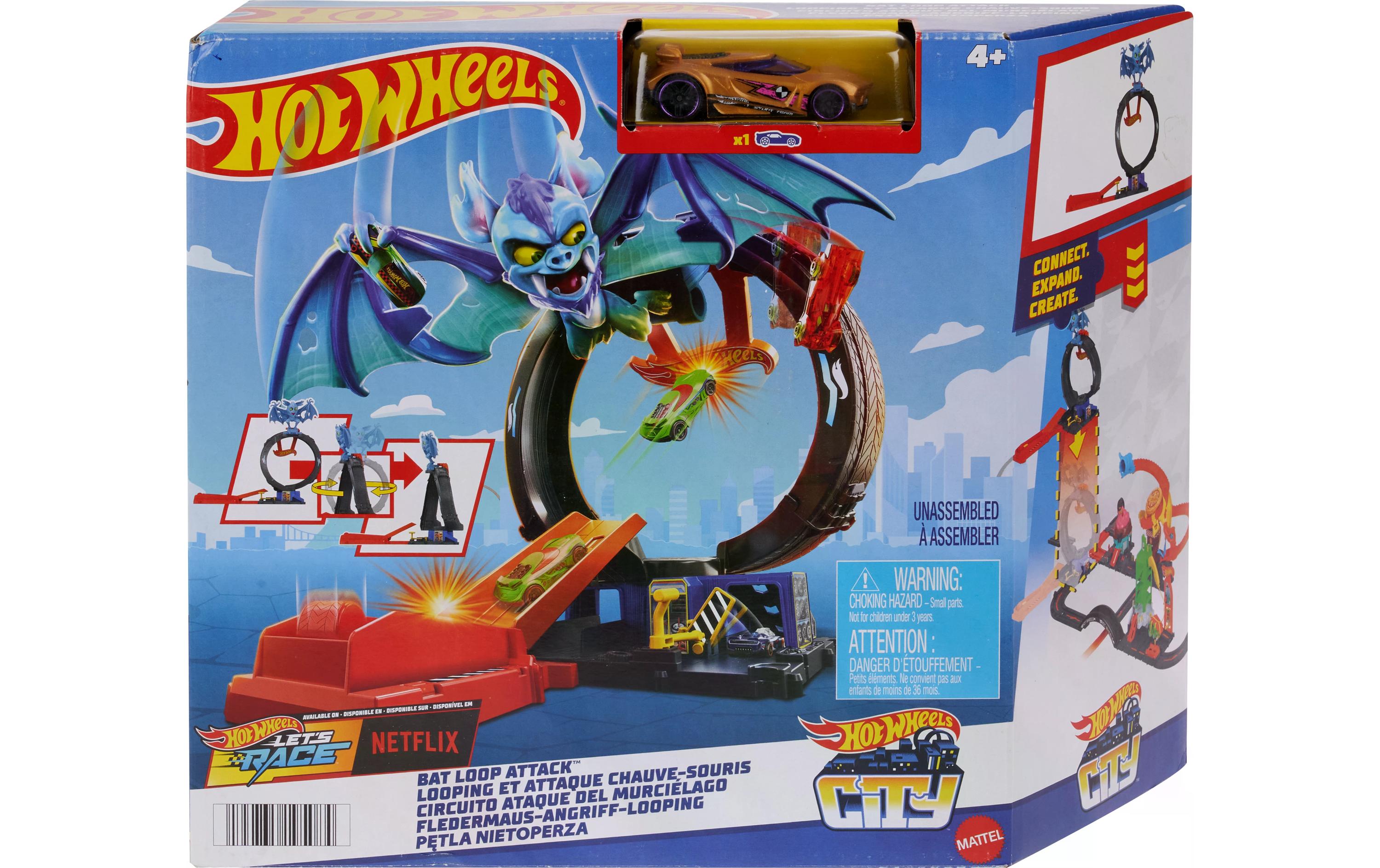 Action Cars Hot Wheels City Nemesis Bat vs Tire ShopFledermaus-Spielset mit Spielzeugauto