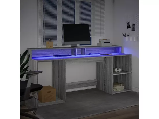 Bureau et lumières LED sonoma gris 200x55x91 cm bois ingénierie
