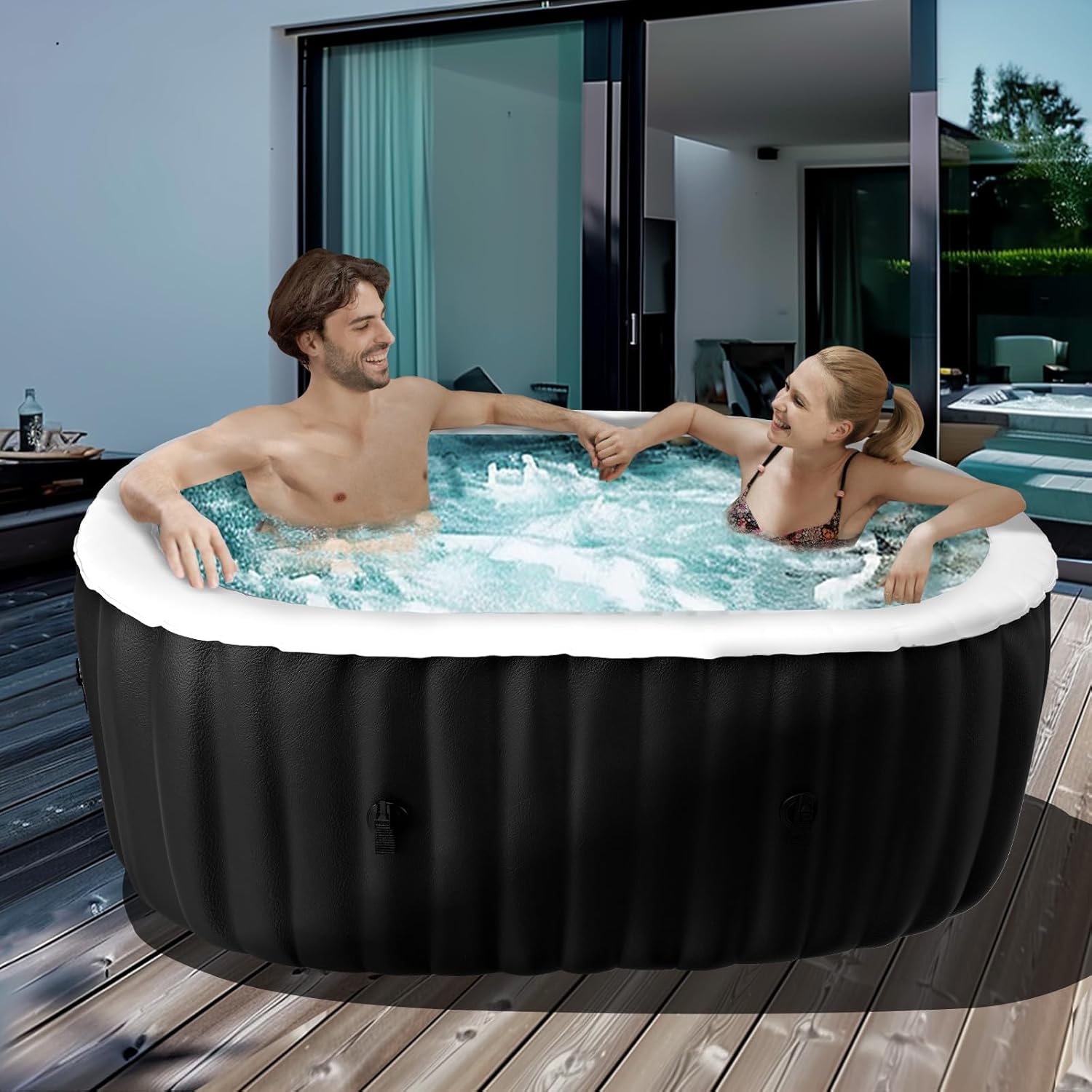 Aufblasbarer Whirlpool für 1-2 Personen | Ovales, portables Spa mit 100 Luftdüsen | Inkl. Heizpumpe, Filter & Isolierabdeckung | 190L x 120B x 63H cm