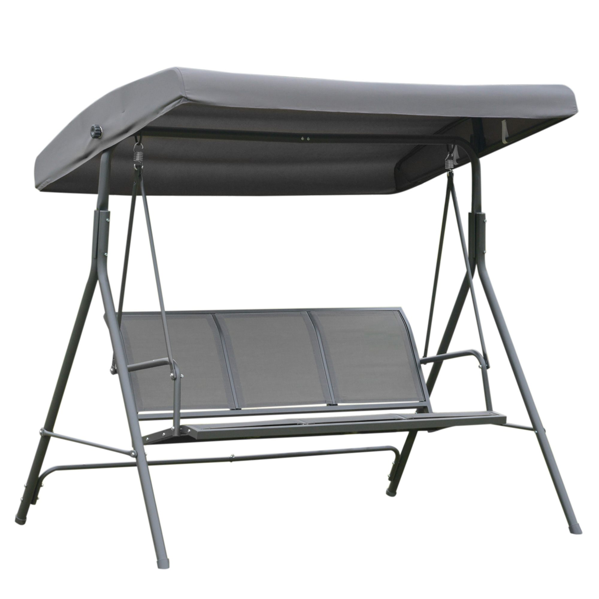 Cadeira de balanço de jardim Outsunny de 3 lugares com cobertura ajustável, encosto respirável e estrutura de aço para varanda, pátio ou terraço, 175 x 118 x 159 cm, cinza