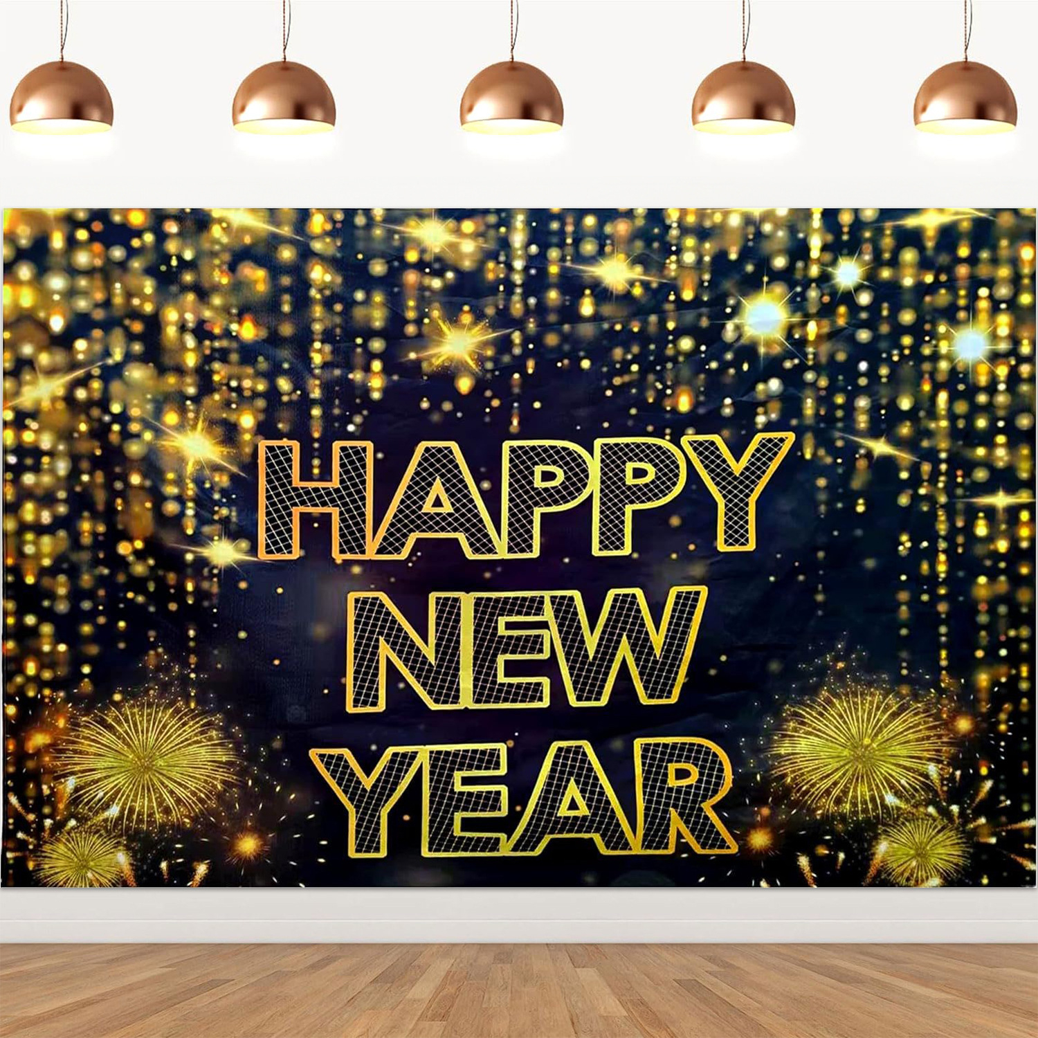 (175x114cm) Happy New Year Wand Banner Silvester Party Deko Hintergrund Foto Requisite - Gold / Schwarz