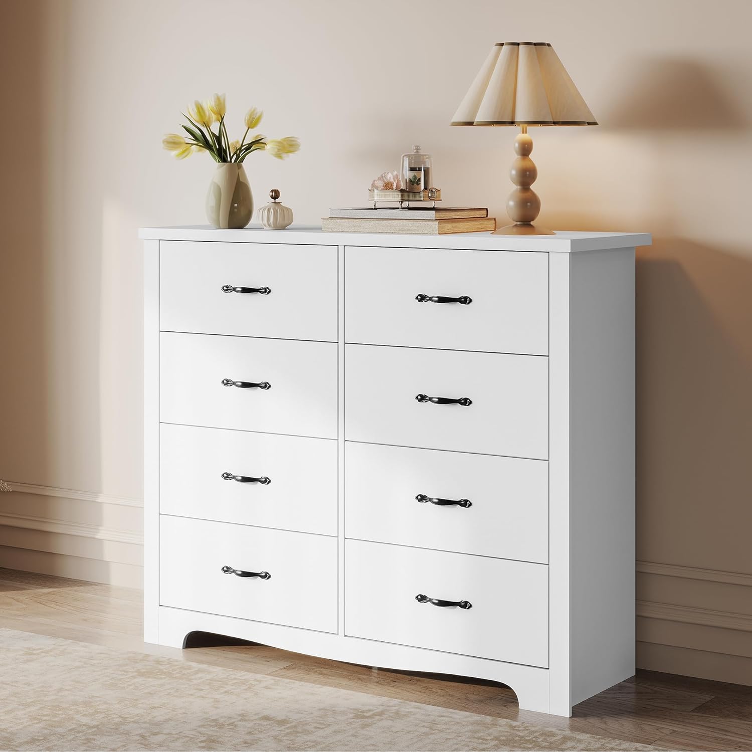 LINSY HOME Kommode 120 cm Breit - Modernes Sideboard - Schrank mit 8 Schubladen - Schubladenschrank - Kommodenschrank für Wohnzimmer, Flur, Schlafzimmer - Weiß 120x102x40 cm
