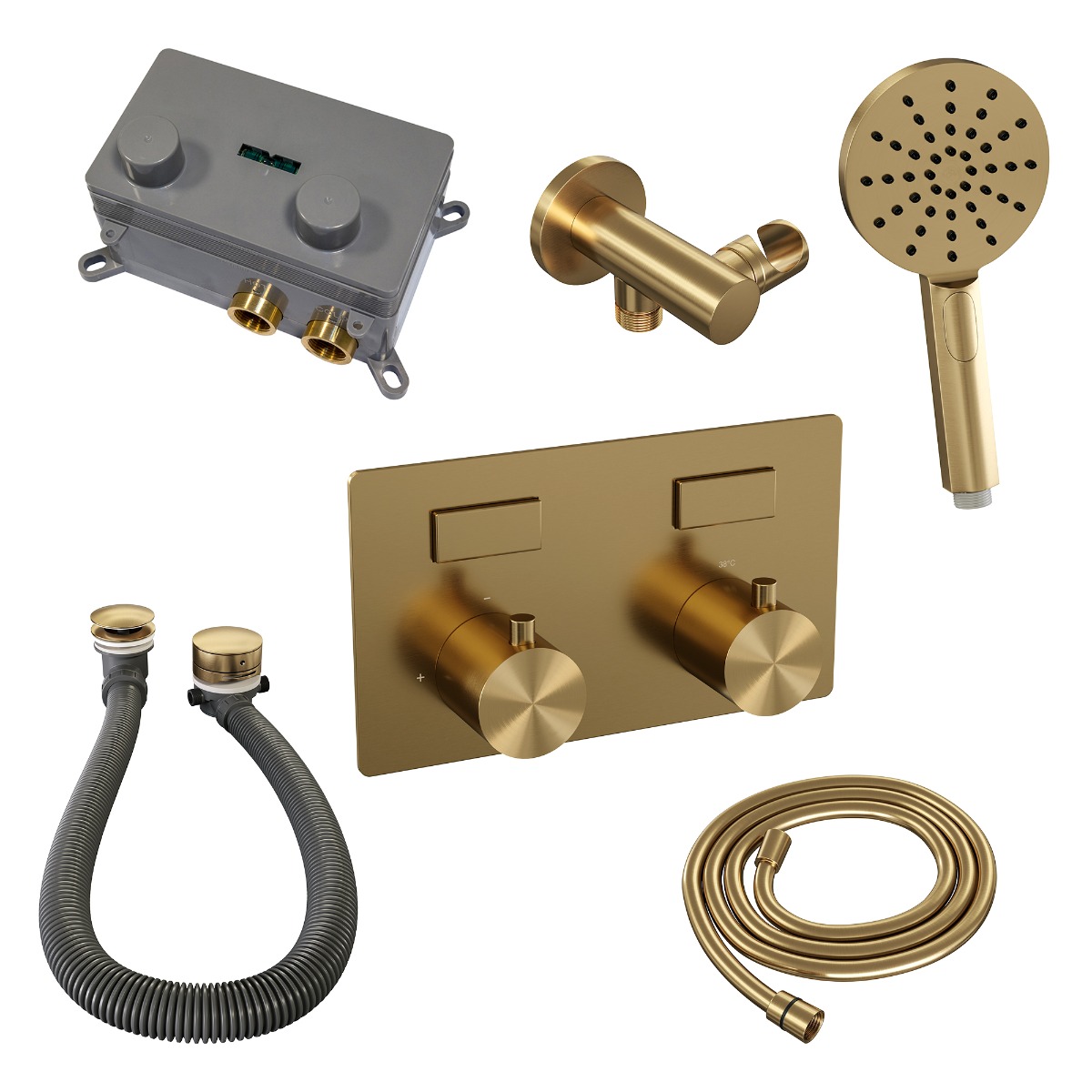 Brauer Gold Edition thermostatische inbouw badkraan met badvulcombinatie en 3 standen handdouche set 4 messing geborsteld PVD