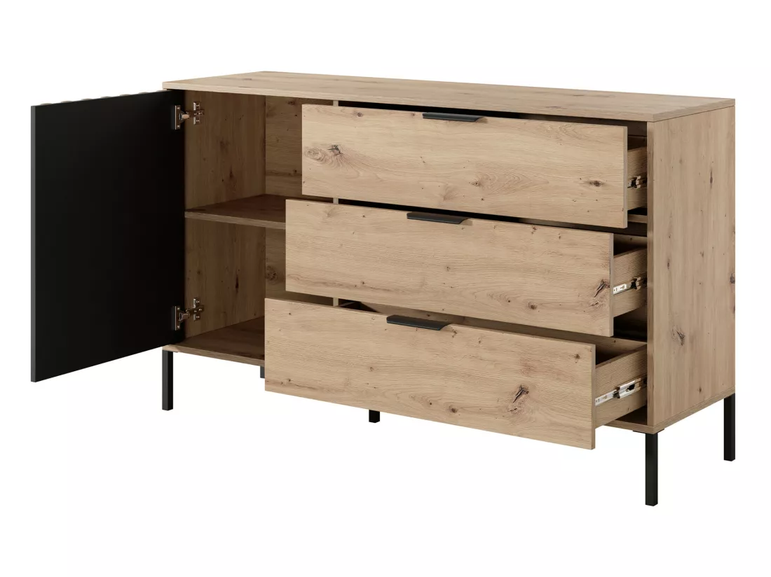 Ensemble lit avec chevets 160 x 200 cm + Sommier + Matelas + Commode + Armoire - Coloris : Naturel et noir - ARIADA