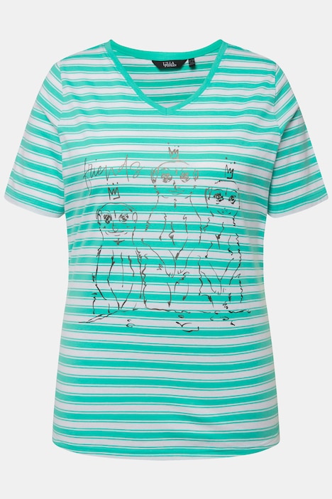 T-Shirt, Ringel, Metallic-Tiermotiv, V-Ausschnitt, Halbarm