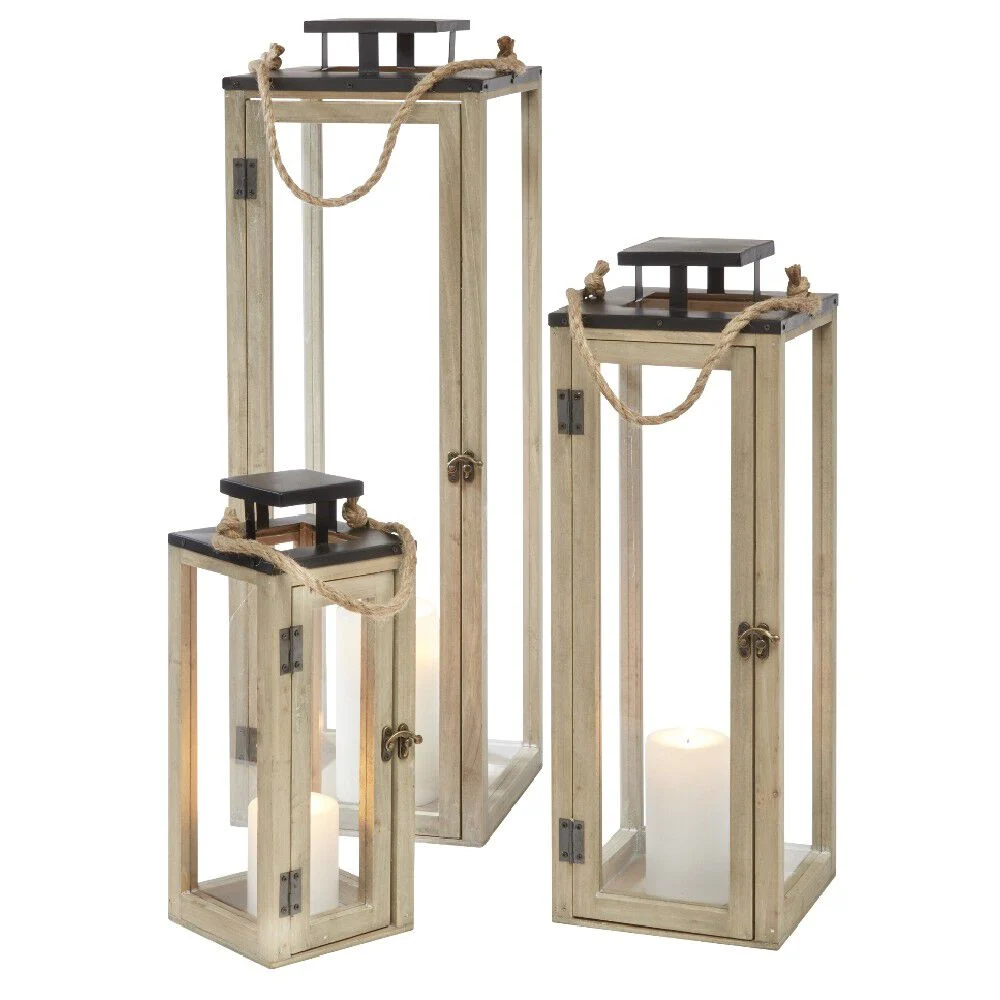 Lanterne bois naturel métal noir x3