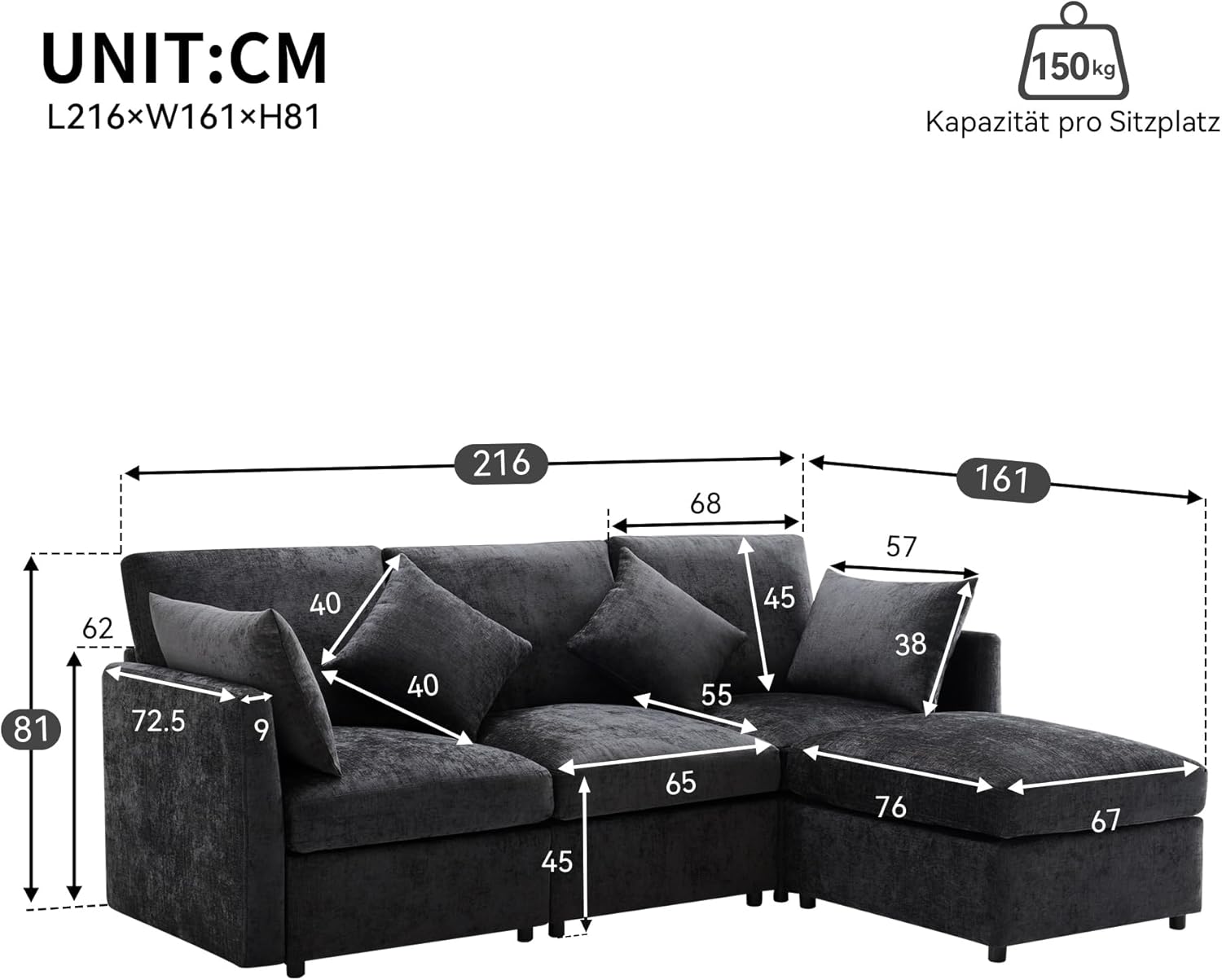 Merax Ecksofa L-Form Modulares 3-Sitzer Sofa mit umwandelbarem Fußhocker, Chenille-Stoff, Premium Komfort, Raumsparend & Wandelbar,Grau