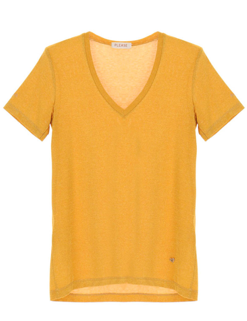 PLEASE T-SHIRT COL V MAILLE MÉTALLIQUE OCRA/ORO