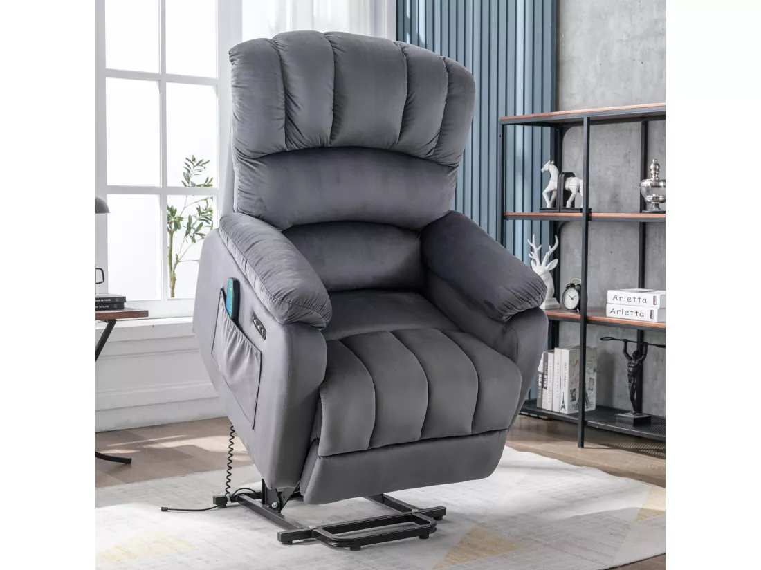 Fauteuil relax électrique en tissu avec fonctions de chauffage et de vibration - 2 poches latéralles - Gris