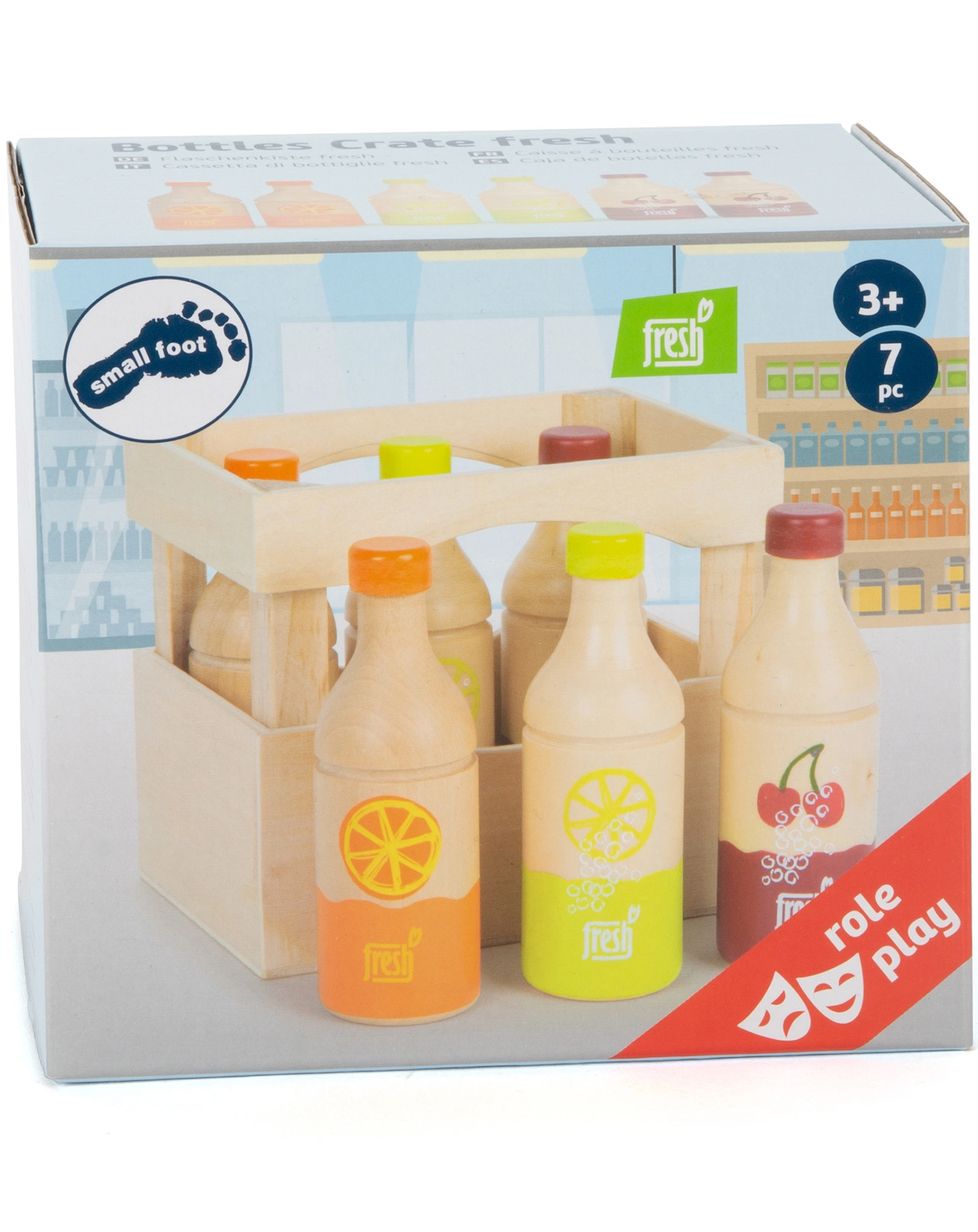 Kaufladen-Zubehör FRESH - FLASCHENKISTE 7-teilig aus Holz