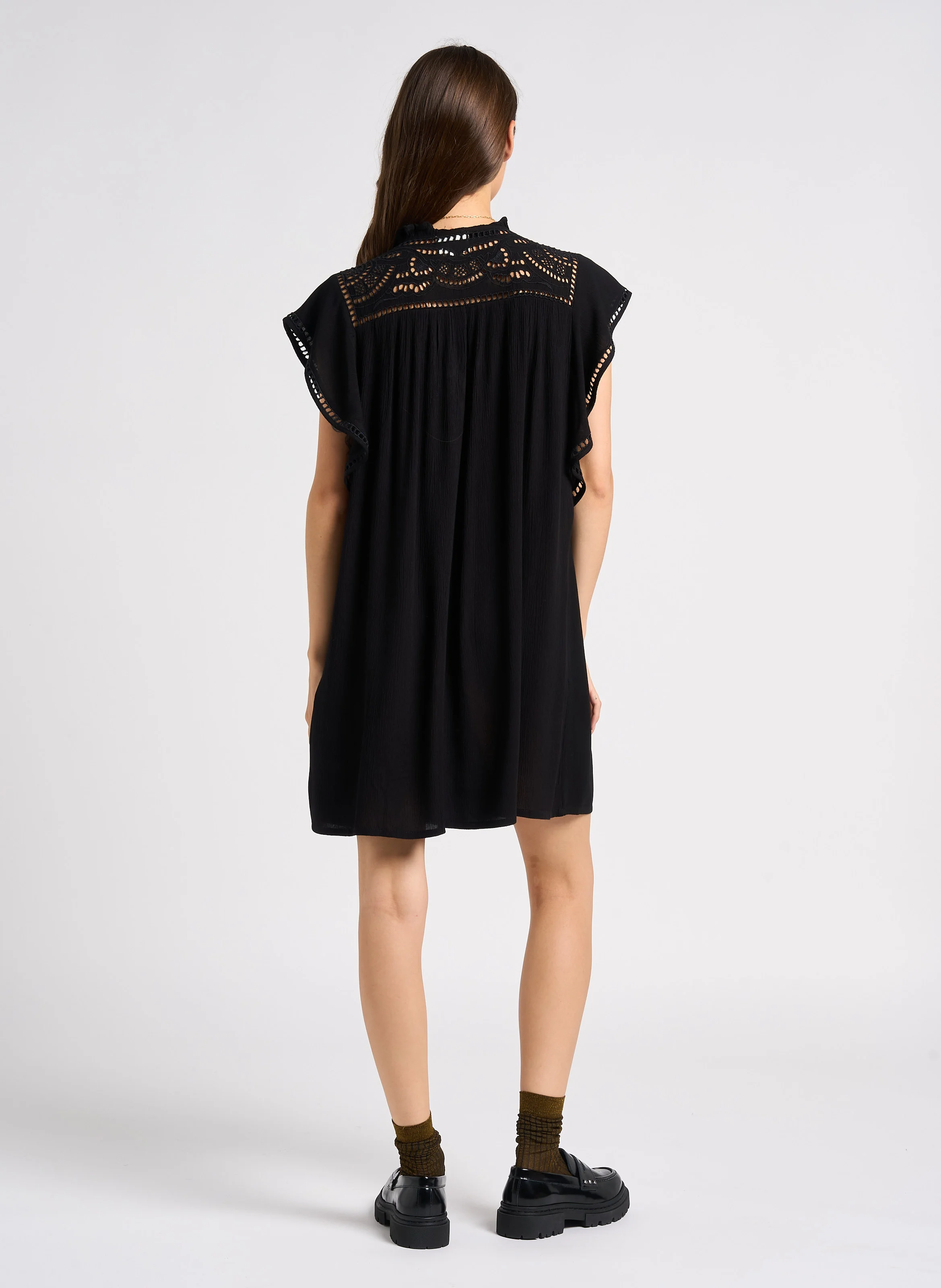 MARGOT - Robe courte brodée en coton | Noir