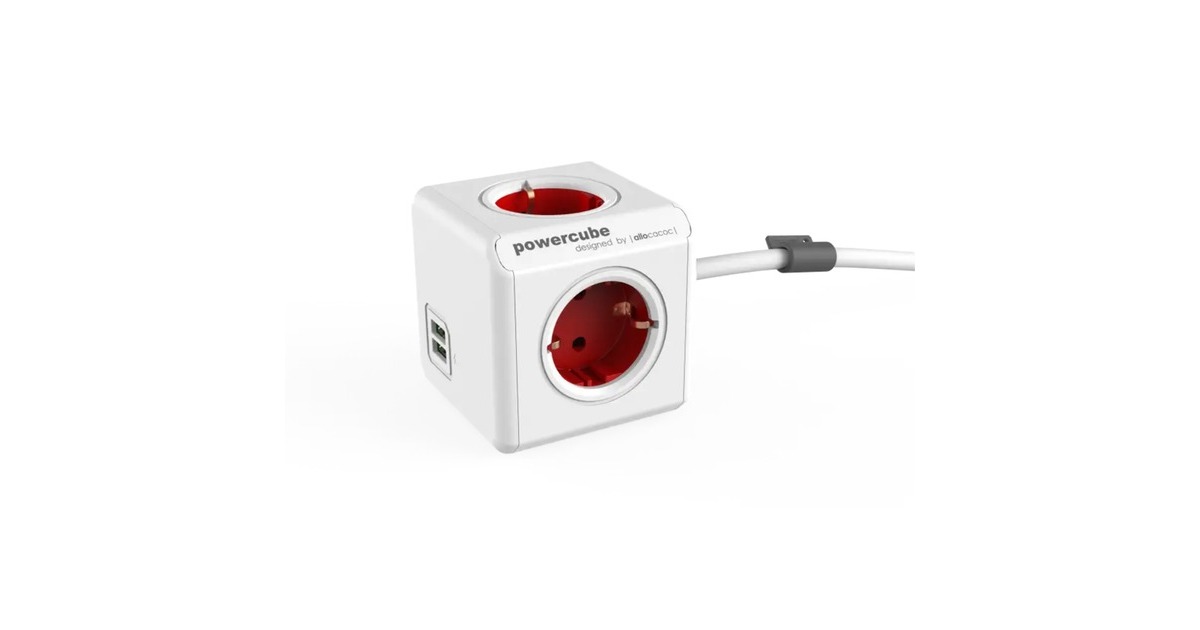 AllocacocPowerCube Extended, stekkerdoos met 2x USB stekkerdoos  (Wit/rood, 1,5 meter kabel)