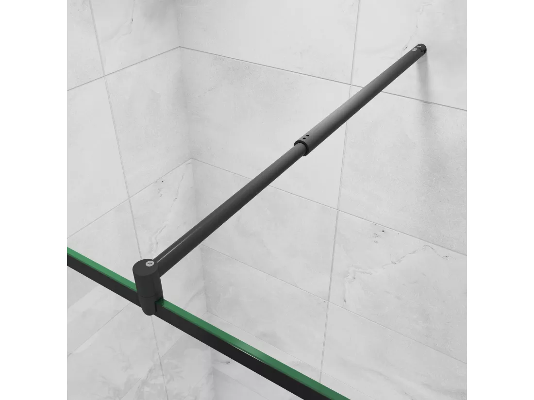 Paroi de douche noire 100x200cm à l'italienne avec barre de fixation noire 70-120cm en cylindrique, en 8mm verre trempé anticalcaire