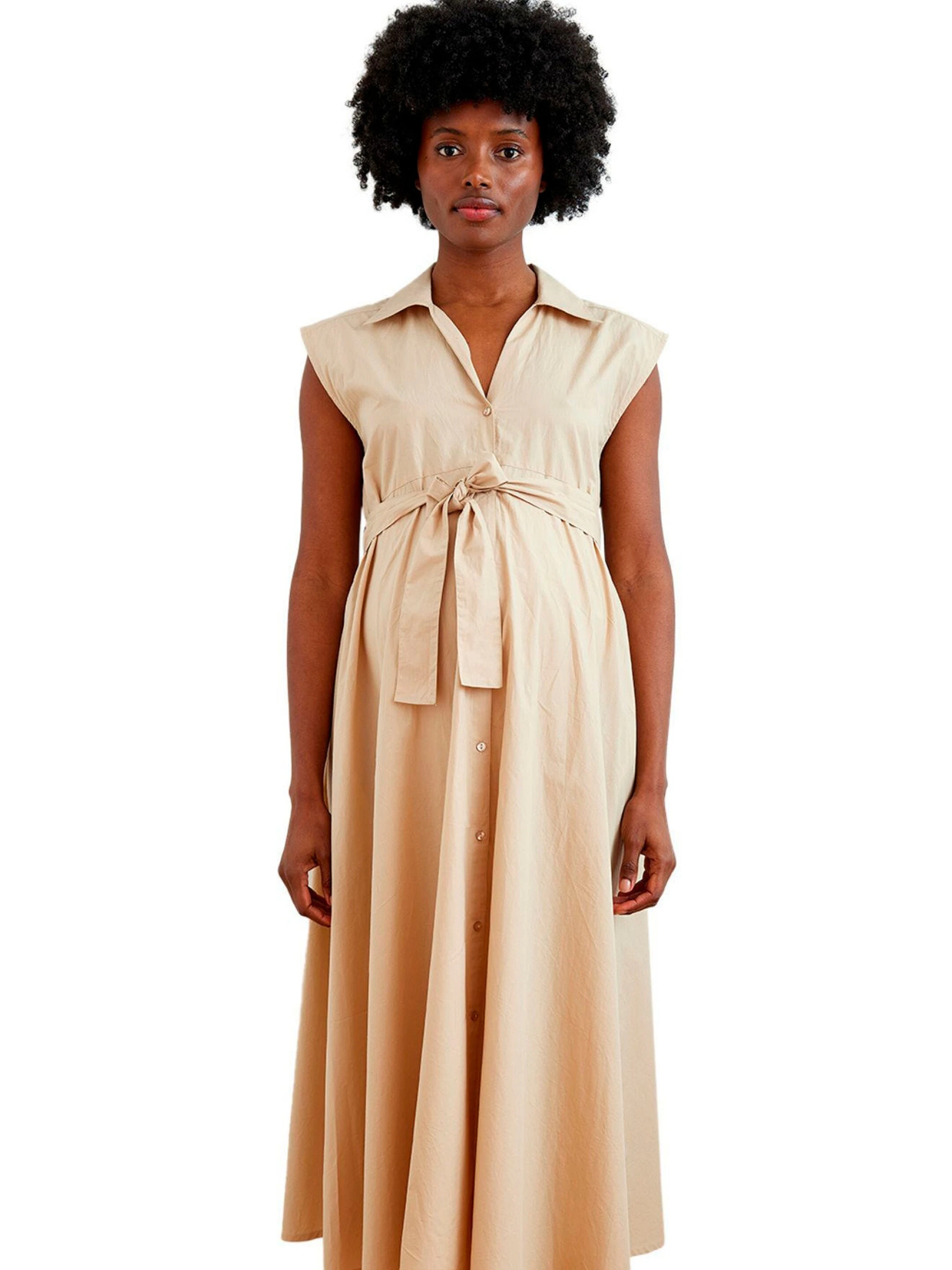 Vertbaudet Langes Baumwollkleid mit Bindegürtel für Schwangerschaft und Stillzeit sandfarben